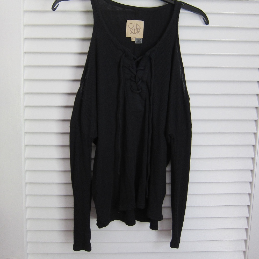 CHASER Ribbed Long Sleeve Cold Shoulder Shirt in Black Tie Up Corset Chest